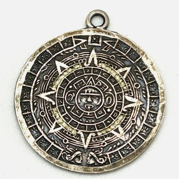 Aztec or Mayan Calendar Charm Sterling Silver Pendant 925 1 inch - Picture 1 of 8